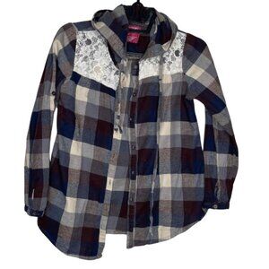 Rustic Outfitters Women's Plaid Lace Hooded Button Shirt Medium Capsule Cotton
